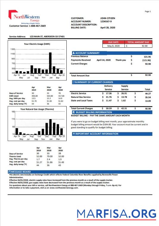 Realistic USA NorthWestern Energy utility bill template in Word and PDF format, version 1